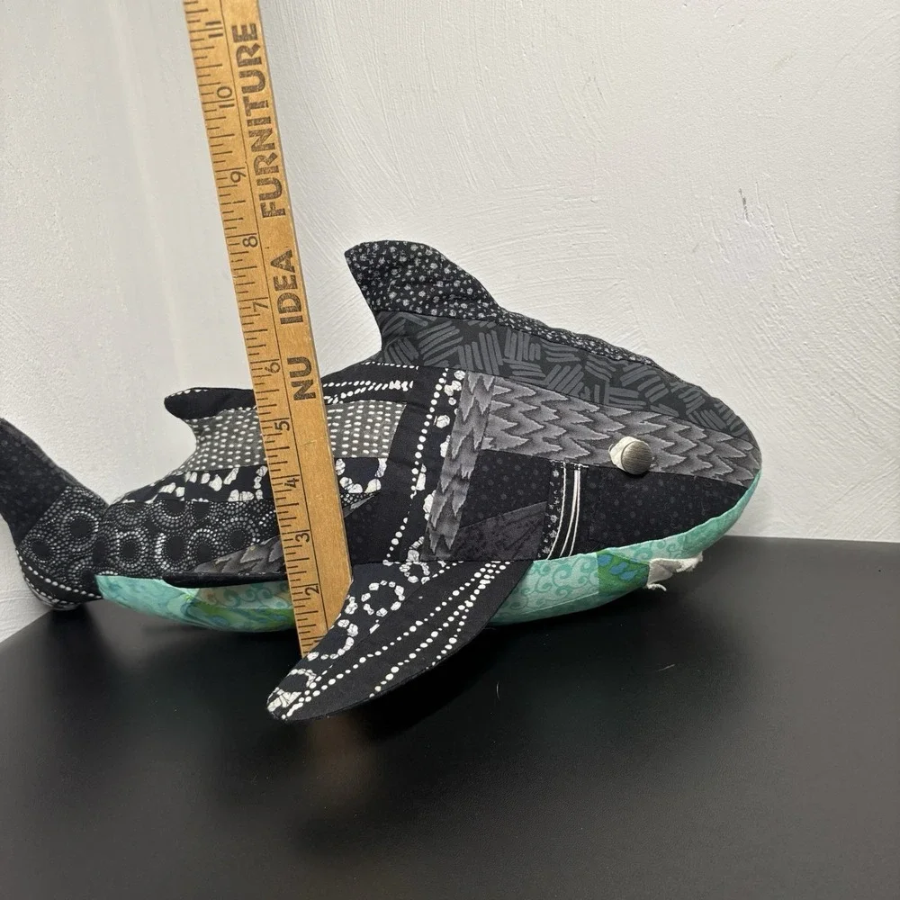 Handmade Fabric Shark Plush Collectible‎ Textile Abstract 16x8 Black Teal Art